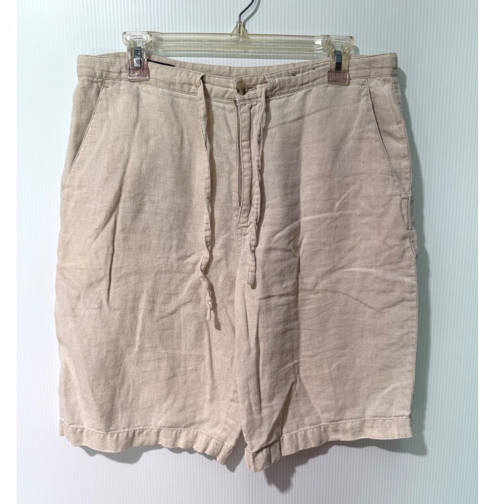 Reunion 100% Linen Shorts Women's M Beige Button Zip Drawstring Pockets Coastal